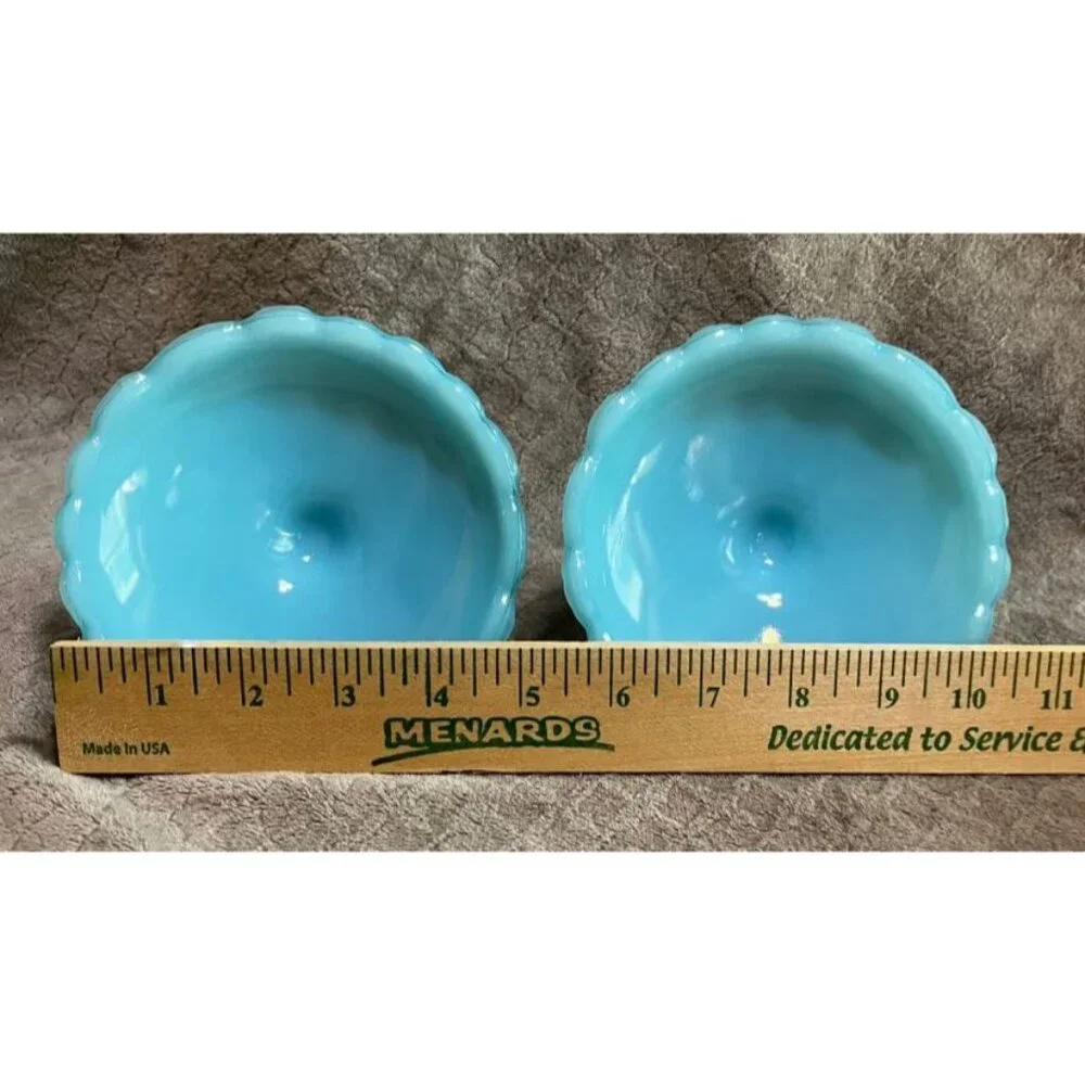 2 Vintage Fenton blue satin glass candleholders with‎ lily of the valley pattern